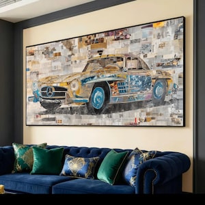 Canvaskunst vintage oldtimer, print retro auto mixed media, garagemuurdecoratie