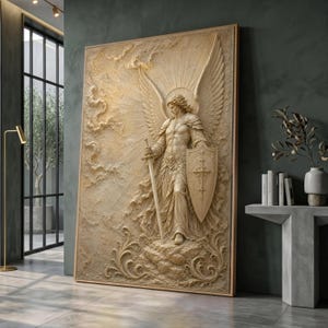 Angelic Warrior Sculpture Canvas Print, Medieval Armor Wall Art, Sword Shield Decoration Print