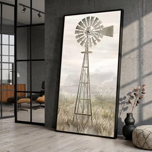 Lienzo decorativo con molino de viento de granja vintage, decoración rústica de pared con paisaje, lámina de estilo granja en tonos neutros.