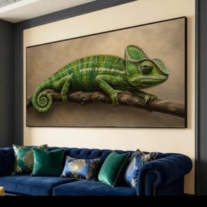 Realistic Green Chameleon Canvas Art, Lizard Branch Nature Print, Wildlife Home Decoration