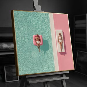 Cuadro veraniego junto a la piscina, hombre en flotador, mujer tomando el sol, decoración moderna para vacaciones, impresión.
