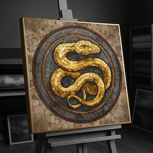 Golden Snake Mosaic Canvas Art, Ancient Symbol Wall Decor, Circular Vintage Animal Illustration Print