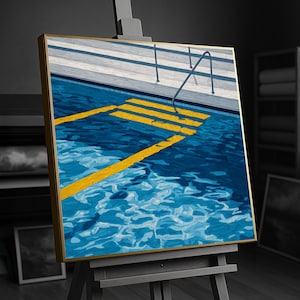 Lienzo moderno con diseño de escalones para piscina, arte mural con reflejo de agua azul, decoración veraniega para la piscina, impresión.