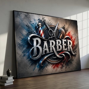 Vintage canvastavla med barberare, väggdekor med saxborste, retro salongstång