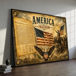 以下が含まれることがあります： ヴィンテージ風の羊毛紙の背景に「AMERICA FREEDOM」の文字が記された長方形のウォールアートプリント。アメリカ国旗、盾を持つハクトウワシ、歴史的な文書、そして制服を着た兵士たちの姿が描かれています。