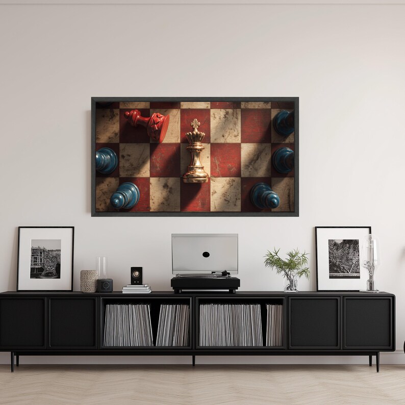Vintage Chessboard Canvas Art, Crown Chess Piece Decor, Strategic Game ...