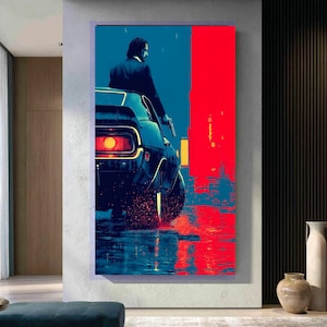 Cuadro de pared con escena de acción, hombre con pistola junto a un coche clásico, paisaje urbano neón, decoración de pared con ambiente nocturno urbano, lienzo con estilo cinematográfico dramático