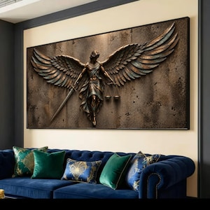 Winged Warrior Angel Canvas Wall Art, Justice Scales, Bronze Metallic Decor Print