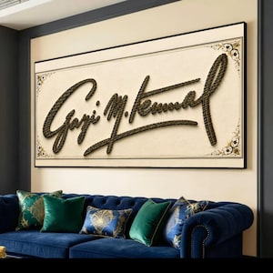 Tela com caligrafia da assinatura de Atatürk, tipografia em preto e dourado, impressão moderna para decoração de escritório em casa.