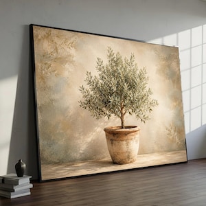 Canvasprint van een olijfboom in een terracotta pot, mediterrane botanische muurdecoratie, vintage natuurprint