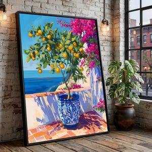 Zitronenbaum Wandkunst, Kunstdruck auf Leinwand, blauer Keramiktopf, Küstengartenszene