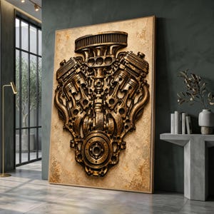 May include: A rectangular wall art piece featuring a detailed, three-dimensional relief of a V-shaped internal combustion engine. The engine components are rendered in a metallic bronze finish against a textured, light beige, weathered background.