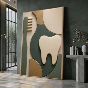 Minimalistische kunst op canvas met tanden en tandenborstel, moderne badkamerdecoratie, kunstwerk over mondhygiëne