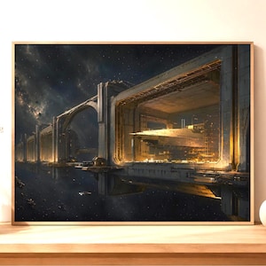 May include: A framed art print depicting a futuristic cityscape with a large, illuminated structure. The artwork features a spaceship inside a hangar, with a dark, starry sky in the background. The print is displayed on a wooden surface.