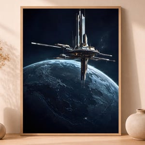 May include: A framed print featuring a futuristic space station hovering above a blue planet. The artwork has a dark, celestial theme with a detailed depiction of the station's architecture. The print is displayed on a wooden surface.