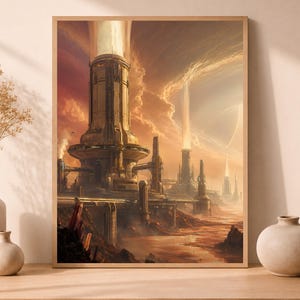 May include: A framed print depicting a futuristic city with towering, cylindrical structures projecting bright light beams. The artwork uses a warm colour palette of oranges, browns, and yellows, showcasing detailed city architecture and landscape. The print is displayed on a wooden surface.