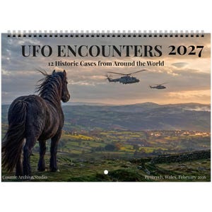 May include: A 2027 wall calendar titled UFO ENCOUNTERS 2027: 12 Historic Cases from Around the World. The cover features a black horse standing on a grassy hill overlooking a valley in Wales, with two helicopters flying in a cloudy sunset sky.