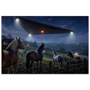 May include: A large triangular dark metallic craft with glowing white and red lights hovers in a night sky above a rural landscape featuring four horses standing in a fenced pasture near a small village with distant glowing lights.