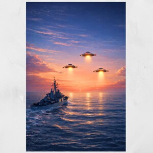 Lámina de encuentro con ovnis en el océano, póster de ciencia ficción de destructor naval, nave alienígena sobre el mar, arte espacial moderno de mediados de siglo, arte mural de puesta de sol costera