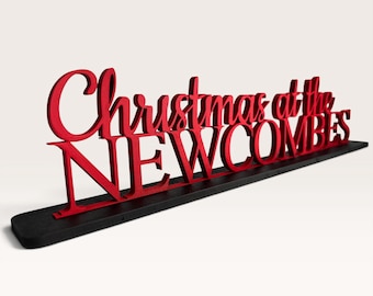 Personalised Christmas at the Surname Sign | Freestanding Wooden Family Xmas Mantel Decoration | Festive Tabletop Decor