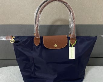 Longchamp Large Navy Nylon Tote Bag with Leather Trim, Foldable Lightweight Daily Carry Bag