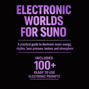 Peut inclure: Sur fond noir, texte violet : "ELECTRONIC WORLDS FOR SUNO". En dessous, "Un guide pratique de l'énergie de la musique électronique, du rythme, de la pression des basses, de la texture et de l'atmosphère." Inclut "100+ READY TO USE ELECTRONIC PROMPTS."
