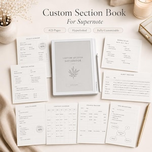 May include: A white Supernote digital notebook with a stylus, surrounded by planning pages. The notebook cover reads "Custom Section Notebook." Planning pages include project overview, meeting notes, and goal planner. The image also shows a habit tracker and finance tracker.