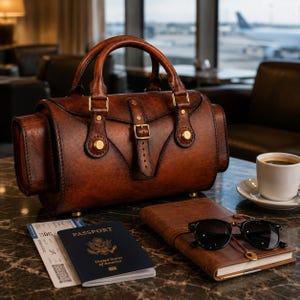 May include: A dark brown leather handbag with brass hardware, a central buckle strap, and two top handles. Beside it lies a United States passport, an airline boarding pass, a brown leather-bound notebook, and black sunglasses on a marble surface.