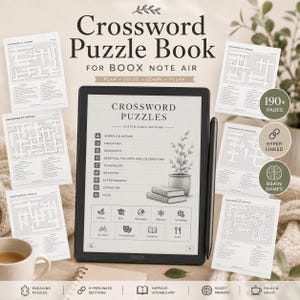 May include: A digital crossword puzzle book for the Boox Note Air. The book features customizable sections, including animals, nature, education, and technology. The image also shows a stylus, crossword puzzle pages, and the text "Crossword Puzzle Book".