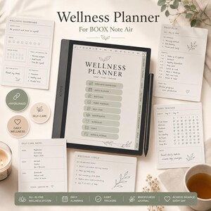 Könnte beinhalten: Ein Wellness-Planer für das BOOX Note Air, mit einem digitalen Tablet und Stift, umgeben von gedruckten Wellness-Blättern. Enthält Tagespläne, Gewohnheitstracker und Selbstpflege-Menüs, alles in minimalistischem Design mit botanischen Akzenten.