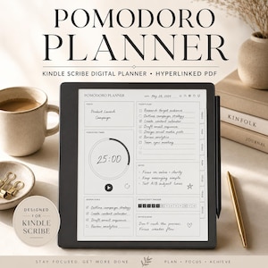 Kindle Scribe用ポモドーロプランナー、デジタル生産性プランナーPDF、ハイパーリンク付きフォーカスプランナー、ADHD学習プランナー、タイムブロッキングノート