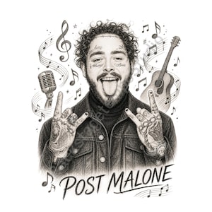 May include: Black and white illustration of Post Malone with musical notes, a microphone, and a guitar. The image features the text "Post Malone" at the bottom. The artist is sticking out his tongue and making a rock and roll hand gesture.