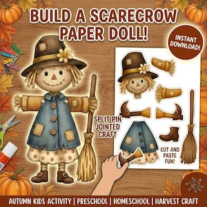 May include: A build a scarecrow paper doll craft kit featuring a scarecrow with a brown hat, blue coat, and polka dot skirt, holding a broom. The set includes cut-out pieces like a head, arms, legs, and broom, with text reading BUILD A SCARECROW PAPER DOLL!