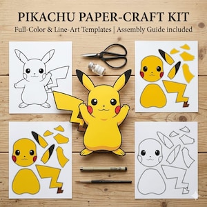 Może przedstawiać: Zestaw do wycinanek z papieru Pikachu zawierający kolorowe szablony i kontury oraz instrukcję montażu. Zestaw zawiera zadrukowane arkusze z żółtymi elementami postaci, czarne nożyczki, małą buteleczkę kleju, długopis i pędzelek.