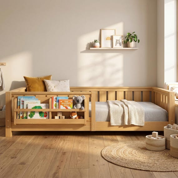 Solid Wood Toddler Floor Bed with Bookshelf, Montessori Twin Size Guardrail Frame