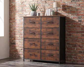 Modern Fabric Drawer Dresser | Rustic Wood Storage Chest with Steel Frame | Bedroom Drawer Cabinet | Tall Clothes Organizer