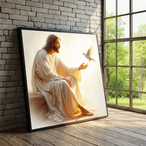 Peaceful Light and Dove Canvas, Spiritual Figure Wall Art, Serene Religious Decor, Inspirational Canvas Artwork for Home