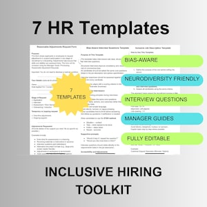 Może przedstawiać: Zestaw narzędzi do rekrutacji inkluzywnej z 7 szablonami HR. Obraz zawiera etykiety tekstowe takie jak "Bias-Aware", "Neurodiversity Friendly" i "Interview Questions". Zestaw narzędzi ma pomóc w inkluzywnych praktykach rekrutacyjnych.