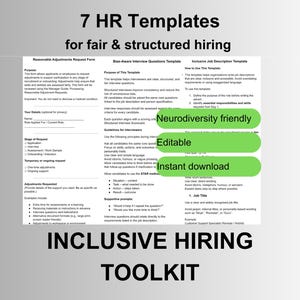 Puede incluir: Documento blanco con el texto "7 HR Templates for fair & structured hiring" y "Inclusive Hiring Toolkit". Incluye plantillas para prácticas de contratación justas, etiquetadas como "Neurodiversity friendly", "Editable" e "Instant download".