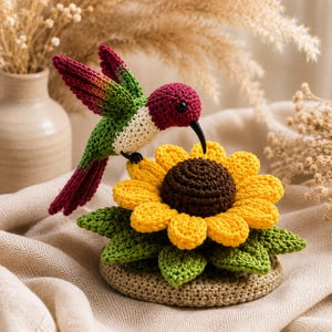 Crochet Hummingbird Sunflower Pattern (PDF), Amigurumi Tutorial, Cottagecore Decor