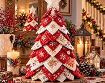 Peut inclure: Un sapin de Noël décoratif en tissu matelassé composé de pièces triangulaires superposées dans des tons rouge, blanc et crème. L'arbre est orné de flocons de neige dorés brodés et surmonté d'une étoile blanche rembourrée sur un socle en bois.
