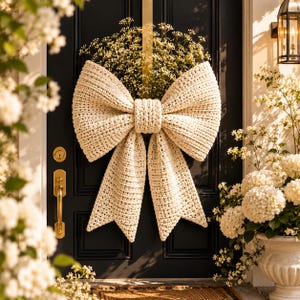 May include: A large, cream-colored crocheted bow decoration attached to a black door. The bow features a textured, ribbed stitch pattern and is positioned above a cluster of small white flowers that extend from behind the center knot.