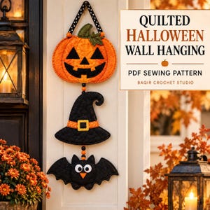 May include: A quilted Halloween wall hanging PDF sewing pattern by Baqir Crochet Studio featuring a vertical arrangement of a jack-o'-lantern, a witch hat, and a bat, all connected by black and orange beads and suspended by a polka dot ribbon.