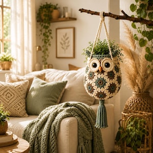 Motif de porte-plante hibou au crochet, décoration murale bohème, crochet pour débutant (téléchargement PDF)