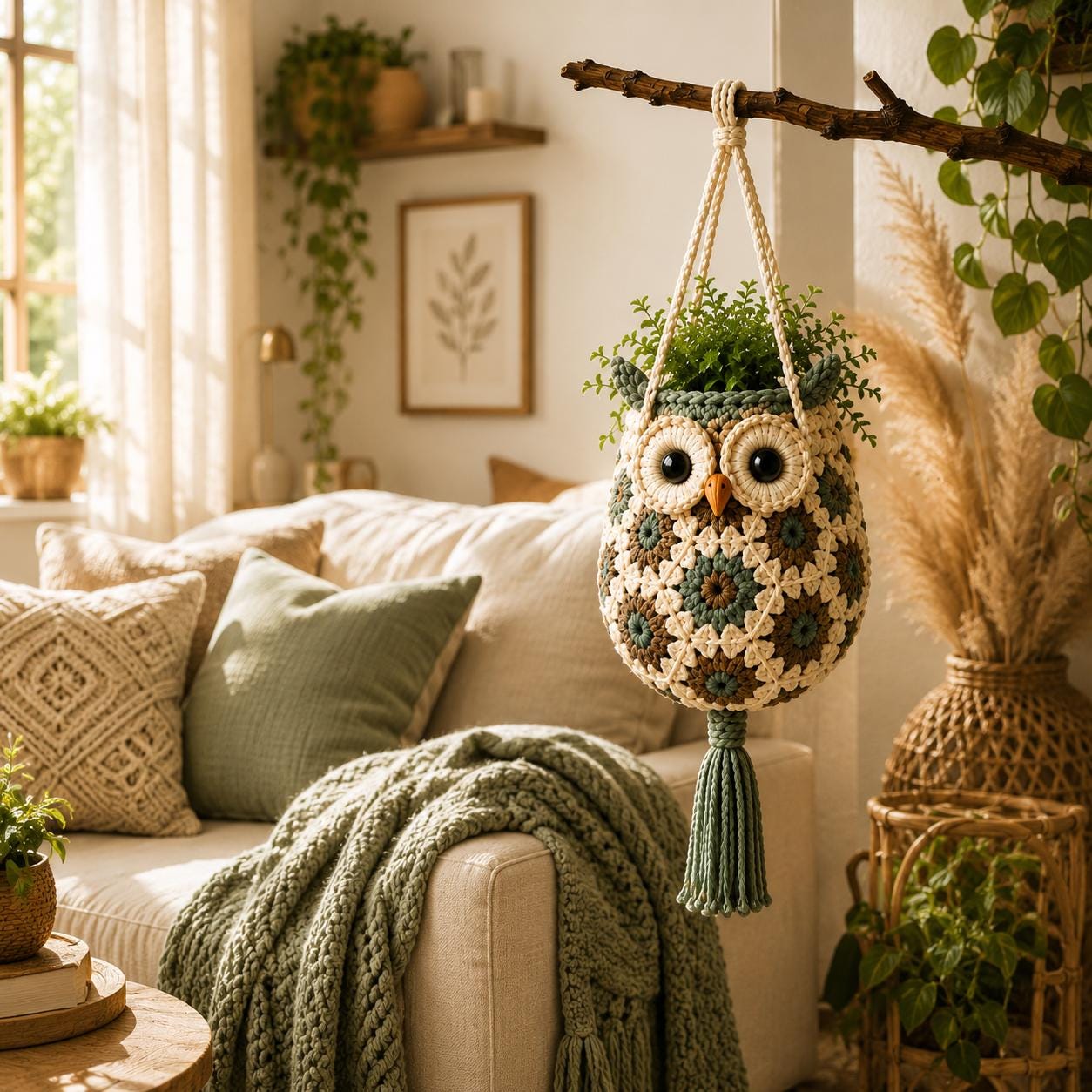 Crochet Owl Plant Holder Pattern, Boho Wall Decor, Beginner Crochet (PDF Download)
