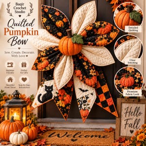 May include: A decorative quilted pumpkin bow featuring a central orange pumpkin with a green leaf, surrounded by fabric petals in black and cream with pumpkin, cat, and bat patterns. The text reads Baqir Crochet Studio Quilted Pumpkin Bow.