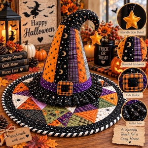 Può includere: Un cappello da strega trapuntato con un'ampia base circolare, caratterizzato da un design patchwork in tessuto arancione, nero e viola con motivi a stelle e lune. Il cappello include una tesa arricciata, una fibbia a quadri e una stella in tessuto giallo.