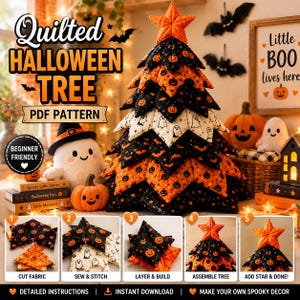 Quilted Halloween Tree Pattern PDF, DIY Halloween Tabletop Tree, Fabric Pumpkin Ghost Tree Sewing Pattern, Halloween Quilt Decor