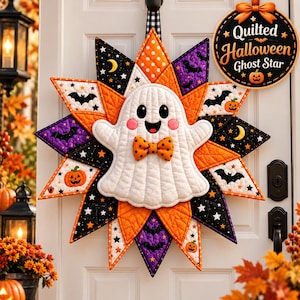 Modello PDF per appendere alla porta un fantasma di Halloween trapuntato, modello di cucito con fantasma a stella, decorazione di Halloween in tessuto, decorazione fai da te per la porta