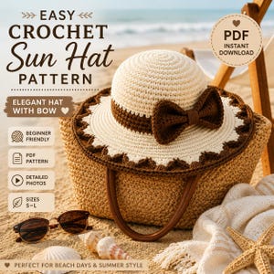 Könnte beinhalten: Eine Häkelanleitung für einen Sonnenhut mit cremefarbener Krone und breiter Krempe, verziert mit einem dunkelbraunen Band und einer passenden Schleife. Der Text lautet EASY CROCHET Sun Hat PATTERN, ELEGANT HAT WITH BOW, BEGINNER FRIENDLY, PDF PATTERN, DETAILED PHOTOS, SIZES S-L.